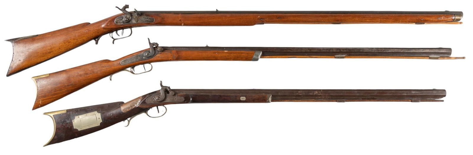 Lot of 3 Percussion Rifles: Manufacturer: (1) F. Prickitt; (2) Unknown; (3) W.R. Belknap Model: Percussion Rifle Caliber: (1) Approx. 30; (2) Approx. 36; (3) Approx. 30 Barrel length: (1) 33 in.; (2) 35 in.; (3) 38 in. OAL: (1)