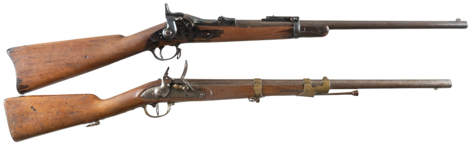 Springfield 1873 Trapdoor & Belgian Percussion Carbines: Serial: (1) NSN; (2) 428133 Manufacturer: (1) Belgium; (2) Springfield Armory (c. 1873) Model: (1) Flintlock Carbine; (2) 1873 Trapdoor Carbine Caliber: (1) 69 Cal.; (2) 45-70 Govt. Barrel length: (1)
