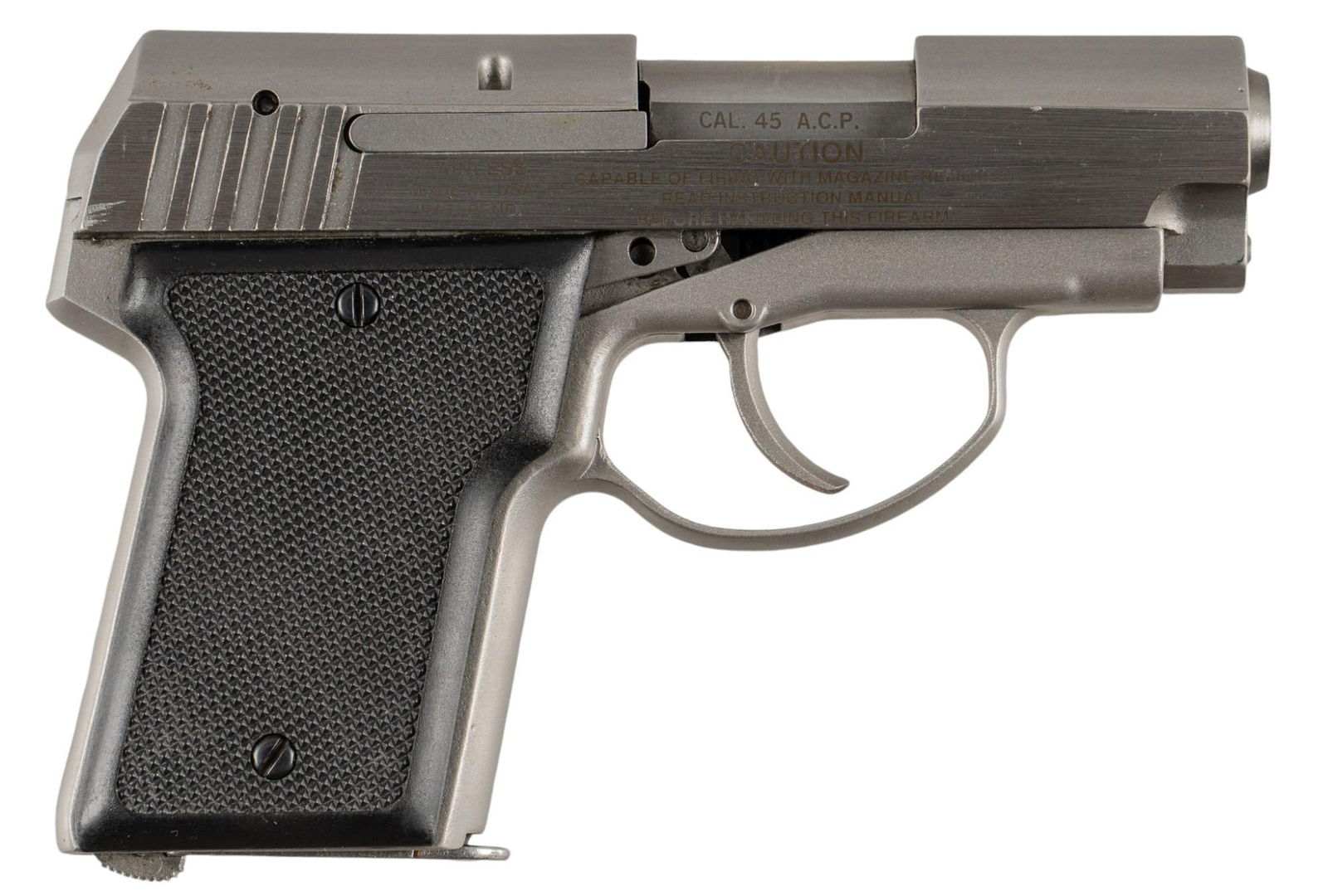 AMT Back Up 45 ACP Semi Auto Pistol: Serial: DL19659 Manufacturer: AMT Model: Back Up Caliber: 45 ACP Barrel length: 3 in. OAL: 5.875 in. Condition: Good; plastic grips have light handling marks; slide & frame have light handling mar