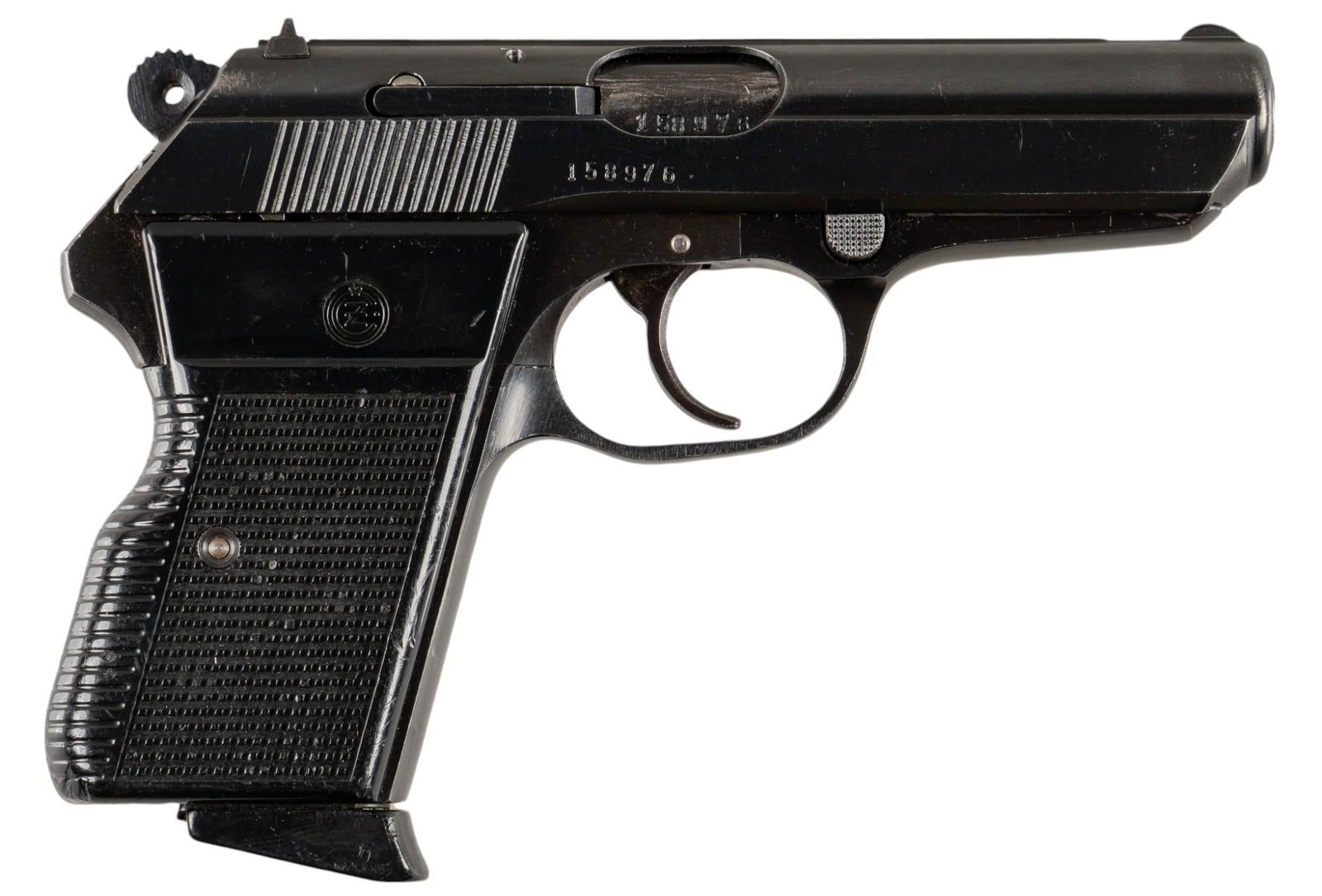 CZ VZOR 70 32 ACP Semi Auto Pistol: Serial: 158976 Manufacturer: CZ-Czech (c. 1973) Model: VZOR 70 Caliber: 32 ACP Barrel length: 3.75 in. OAL: 6.75 in. Condition: Good; plastic grips have moderate wear; slide & frame have moderate 