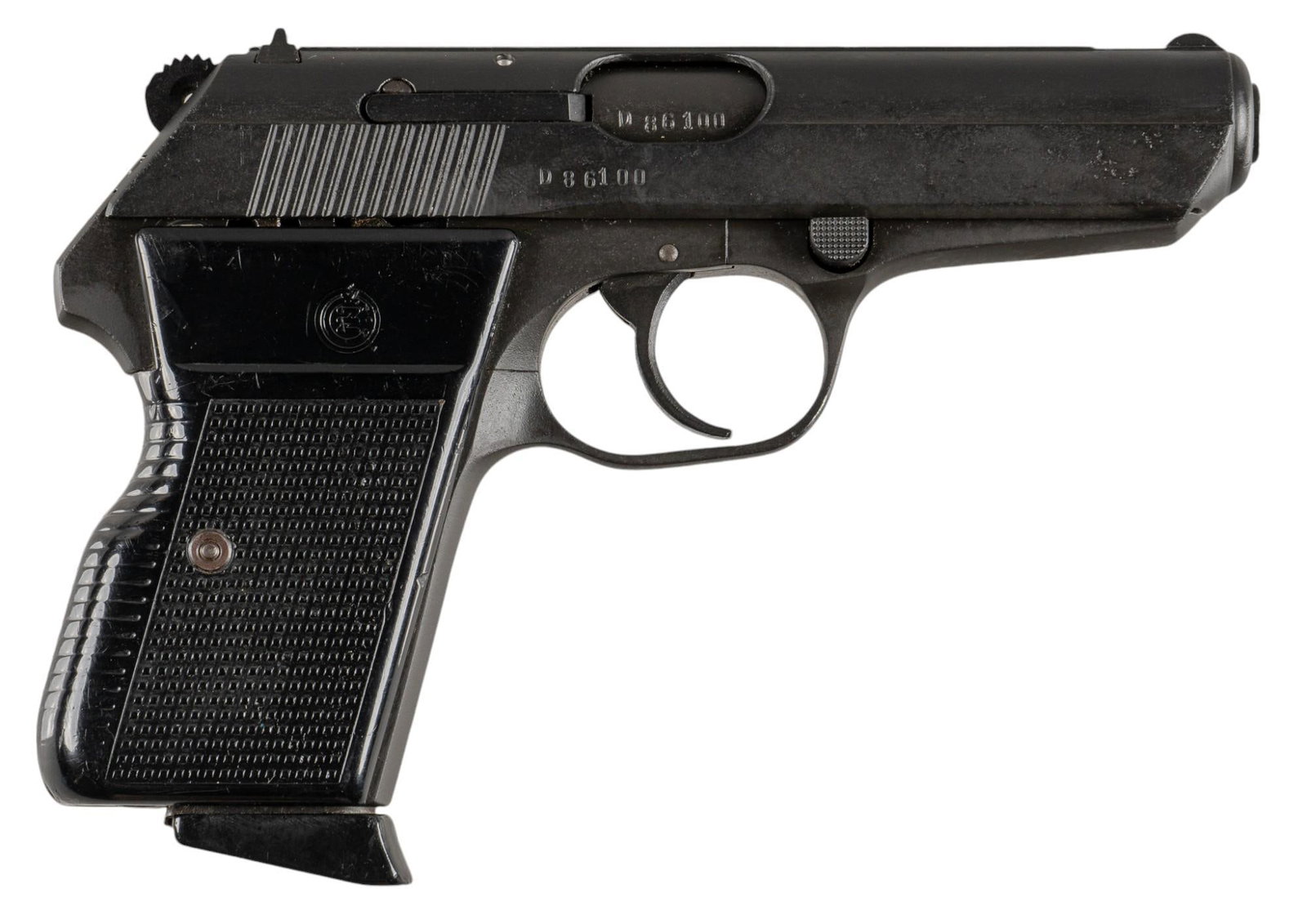 CZ VZOR 70 32 ACP Semi Auto Pistol: Serial: D86100 Manufacturer: CZ-Czechoslovakia (c. 1971) / IA Co. Sacramento, CA Model: VZOR 70 Caliber: 32 ACP Barrel length: 3.75 in. OAL: 7 in. Condition: Good; plastic grips have moderate wear; sl