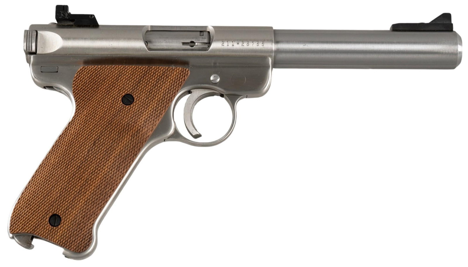Ruger Mark II 22 LR Semi-Auto Pistol: Serial: 211-26755 Manufacturer: Sturm, Ruger & Co. (c. 1985) Model: Mark II Caliber: 22 LR Barrel length: 5.5 in. OAL: 9.5 in. Condition: Very Good; grips have very light wear & handling marks