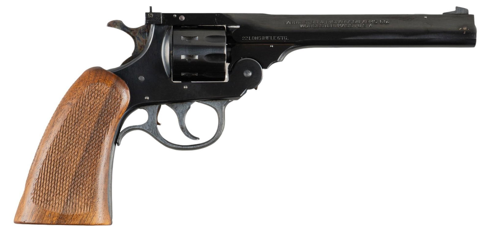 H&R "Sportsman" 22 LR DA Revolver: Serial: 47818 Manufacturer: Harrington & Richardson Arms Co. Model: Sportsman Double Action Caliber: 22 LR Barrel length: 6 in. OAL: 11 in. Condition: Good; grips have very light wear & handli