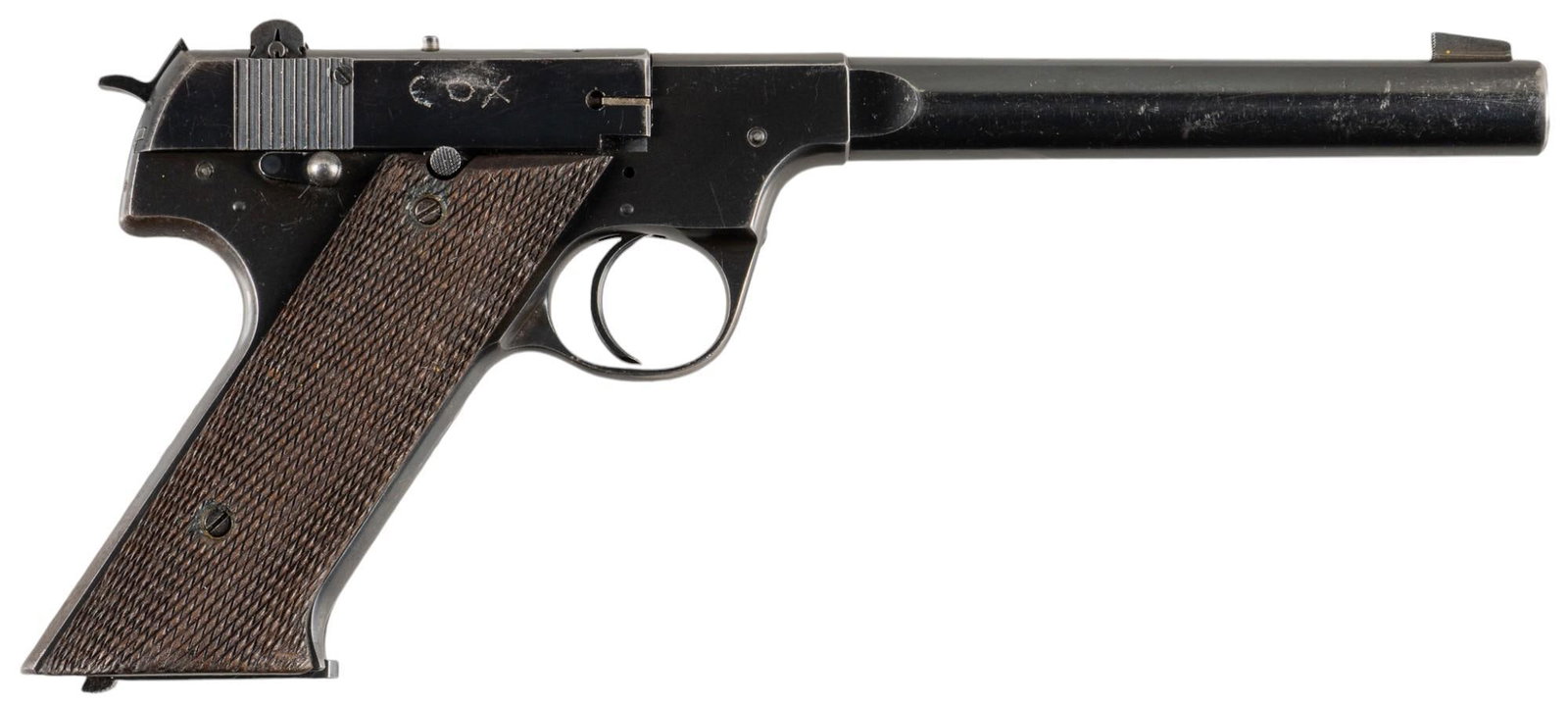 Hi-Standard H-D Military 22 LR Semi Auto Pistol: Serial: 220143 Manufacturer: High Standard Mfg. Corp. Model: H-D Military Caliber: 22 LR Barrel length: 6.75 in. OAL: 11 in. Condition: Fair-Good; light signs of oxidation throughout; grips have light
