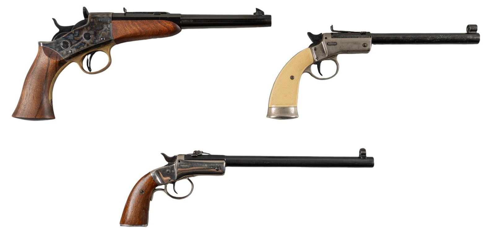 Set of 3 Single Shot 22 cal Pistols: Serial: (1) 08182 ; (2) 23160 ; (3) 28217 Manufacturer: (1) Uberti-Italy / Western Arms Corp. ; (2) Germany / Hawes Firearm Co. ; (3) J. Stevens Arms Co. Model: (1) 1871 Rolling Block Pistol ; (2) Tar