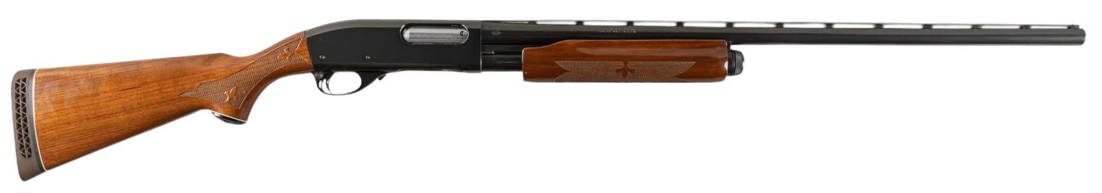 Remington 870 Wingmaster 12 Gauge Pump Action Shotgun: Serial: V225817V Manufacturer: Remington Arms Co Inc. (c.1980) Model: 870 Wingmaster Caliber: 12 Gauge (fixed mod choke) Barrel length: 28 in. OAL: 48.25 in. Condition: Good; wood stock has light hand