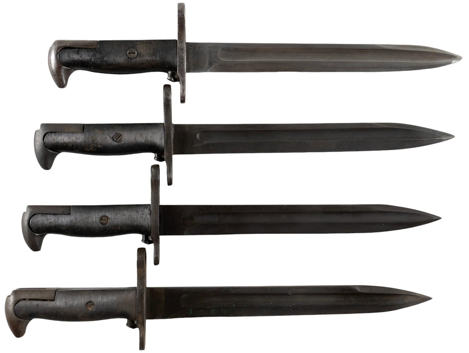 Collection of 4 US WWII M1905-E1 Spear-Cut Bayonets: Manufacturer: (1 & 4) Utica; (2) PAL; (3) AFH Model: (1-4) M1905 E-1 Dated: (1,2 & 4) 1942; (3) 1943 Blade Length: (1) 9.75 in.; (2 & 3) 9.875 in.; (4) 10 in. OAL w/ scabbard: (1) 15.875 i