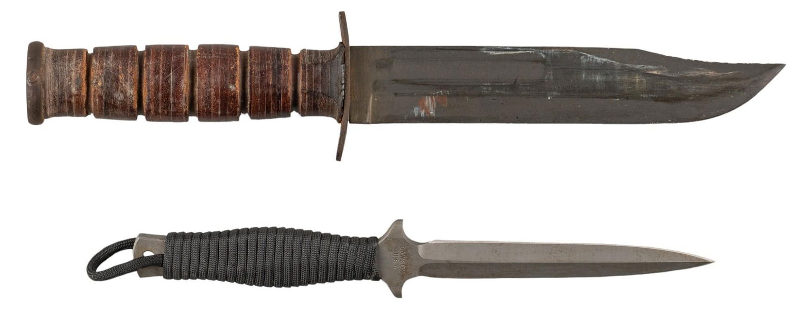 Dawson Knives Commado Dagger & KA-BAR USN MK 2 Knife: Manufacturer: (1) Dawson Knives-USA; (2) KA-BAR Model: (1) Commando style dagger; (2) USN MK 2 Blade length: (1) 4.75 in.; (2) 7 in. OAL: (1) 11 in. w/ sheath; (2) 13.25 in. Condition: (1) Good; blade