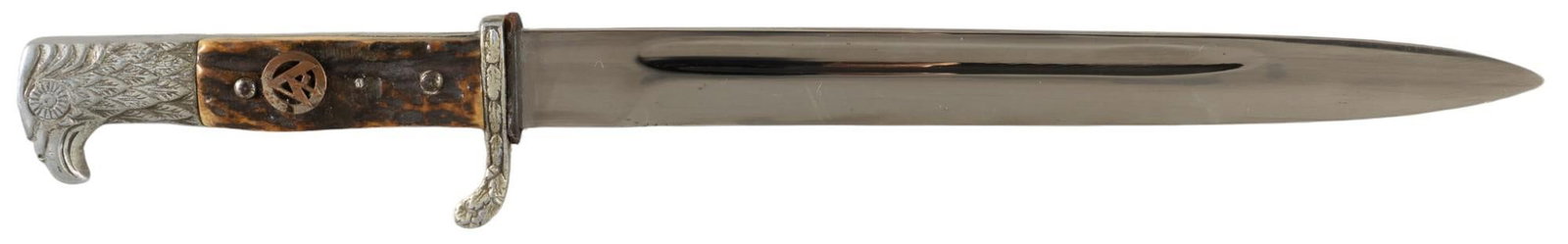 WWII German Storm Trooper Bayonet by Puma: Manufacturer: Puma-Solingen, Germany Model: "Storm Trooper" (Sturmabteilung) SA Dress Bayonet Marked: "PUMA / SOLINGEN" emblem Blade Length: 9.75 in. OAL: 16.25 in. w/ scabbard (case: 17.5 L x 7.5 W x