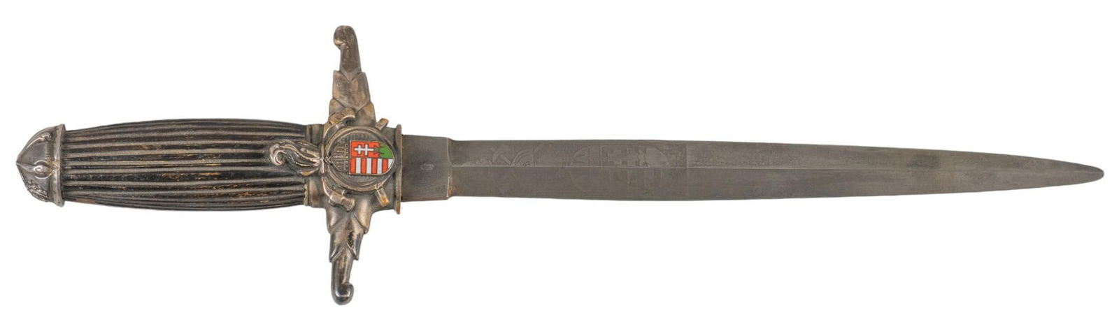 WWII Hungarian Fire Brigade Officer's Dress Dagger: Manufacturer: Budapest-Hungary Model: Fire Brigade Officer's Dress Dagger Blade length: 8.625 in. OAL: 13.875 in. w/ sheath Condition: Good; blade has moderate wear & patina commensurate w/ ag
