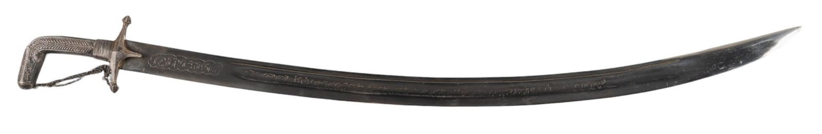Silver Mounted Turkish Scimitar Sword W/ Scabbard: Model: Scimitar Blade length: 35 in. OAL: 41 in. w/ scabbard Condition: Good; blade has moderate wear w/ some scattered patches of pitting; inscription on blade gas some wear; handle & scabbard ha