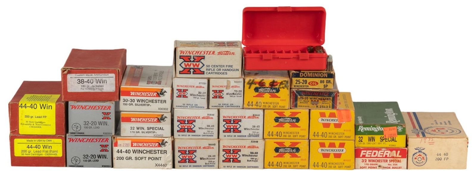 1000 Rounds of Mixed Cowboy Action Ammunition: Includes: -485 rds of mixed 44-40: Winchester 200gr. SP; CMA 20gr. FP; L&S 200gr. FP -173 rds of mixed 38-40: Winchester 180gr. SP; CMA 180gr. FMJ -250 rds of Winchester 32-20 100gr. lead -43 rds 