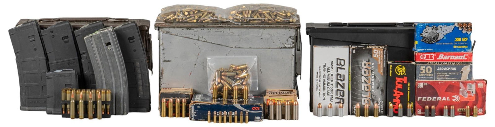 Approx. 4850 Rounds of Mixed 223, 22LR, 9mm, 380, 357, & 45LC Ammunition: Includes: -235 rds of mixed 223 Rem ammunition -5 x 30 rd 223/5.56 magazines & 10 rd 5.56 magazine -2500 rds of Winchester Wildcat 22 LR -500 rds of Remington 22 LR Golden HP -275 rds of CCI 22 LR