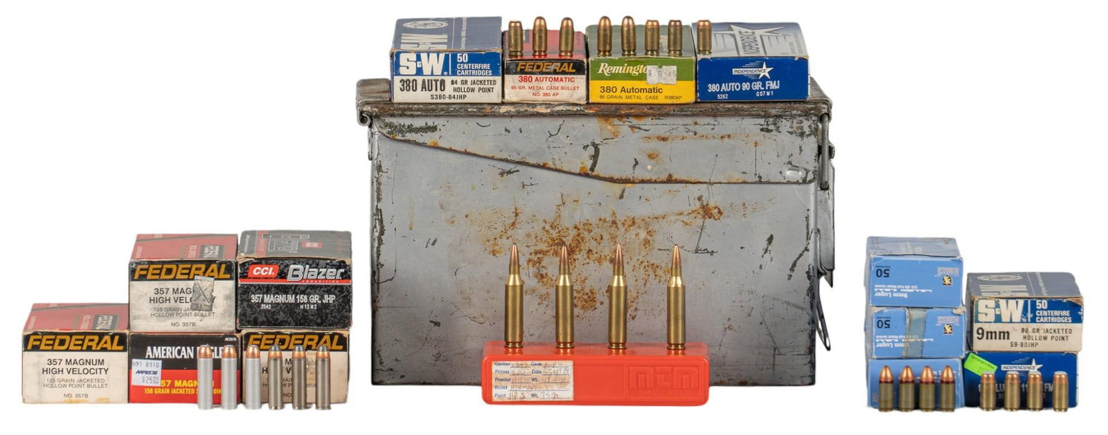 Approx. 625 Rounds of Mixed Handgun Ammunition: Includes: -50 rds of CCI Blazer 357 Mag 158gr. JHP -50 rds of American Eagle 357 Mag 158gr. JSP -141 rds of Federal 357 Mag 125gr. JHP -150 rds of Monarch 9mm 115gr. FMJ -32 rds of S&W 9mm 90gr. J