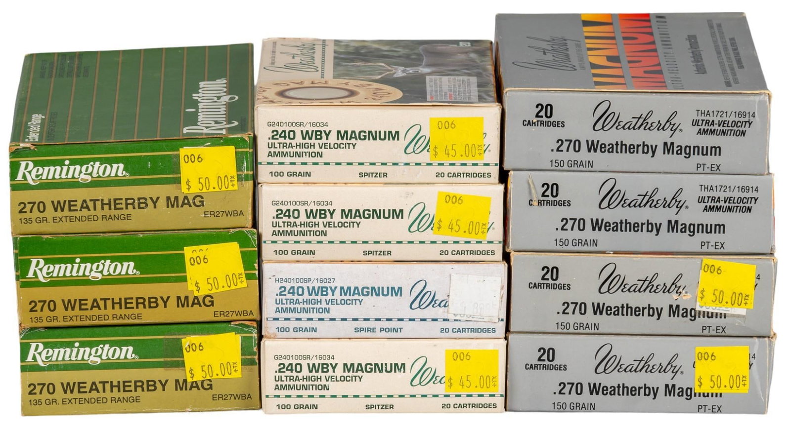 220 Rounds of 240 & 270 Wby Magnum Ammunition: Includes: -80 rds of Weatherby 240 Wby Mag 100gr. Spitzer -80 rds of Weatherby 270 Wby Mag 150gr. PT-EX -60 rds of Remintgon 270 Wby Mag 135gr. SP Provenance: A San Antonio, Texas estate Shipping avai