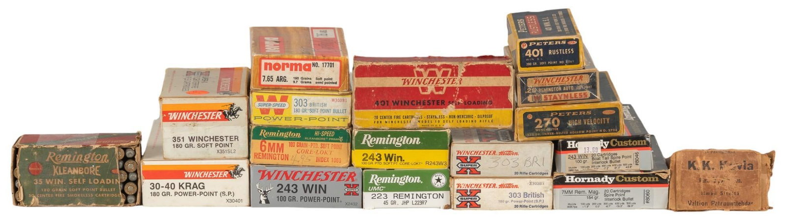 345 Rounds of Mixed Vintage Rifle Ammunition: Includes: -49 rds of mixed 303 British -49 rds of mixed 243 Win -19 rds of Peters 270 Win 130gr. HP -20 rds of sealed vintage Winchester 25 Rem SP -19 rds of Remington 6mm Rem 100gr. PSP -20 rds of No