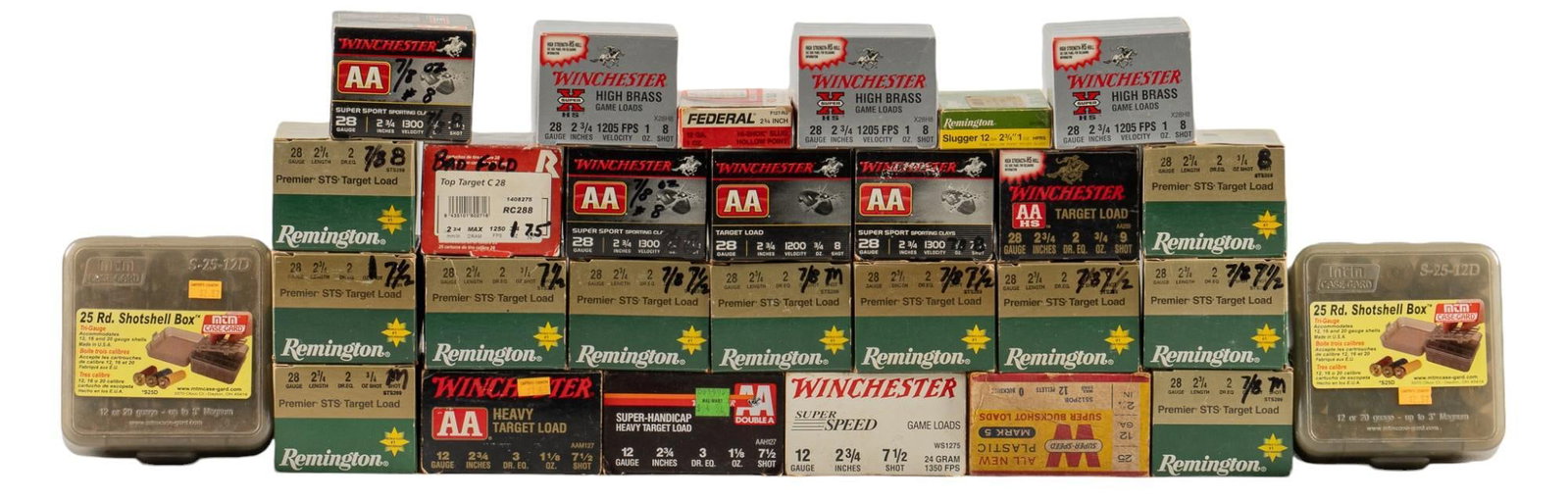 728 Rounds of Mixed 28 & 12 Gauge Shotshells: Includes: -490 rds of reloaded 28 gauge 2.75 in. shells -114 rds of mixed 12 Gauge 2.75 in. shells -5 rds of Remington Slugger 12 Ga 2.75 in. 1oz. HP -5 rds of Federal 12 Ga 2.75 in. 1oz. HP Slug Prov