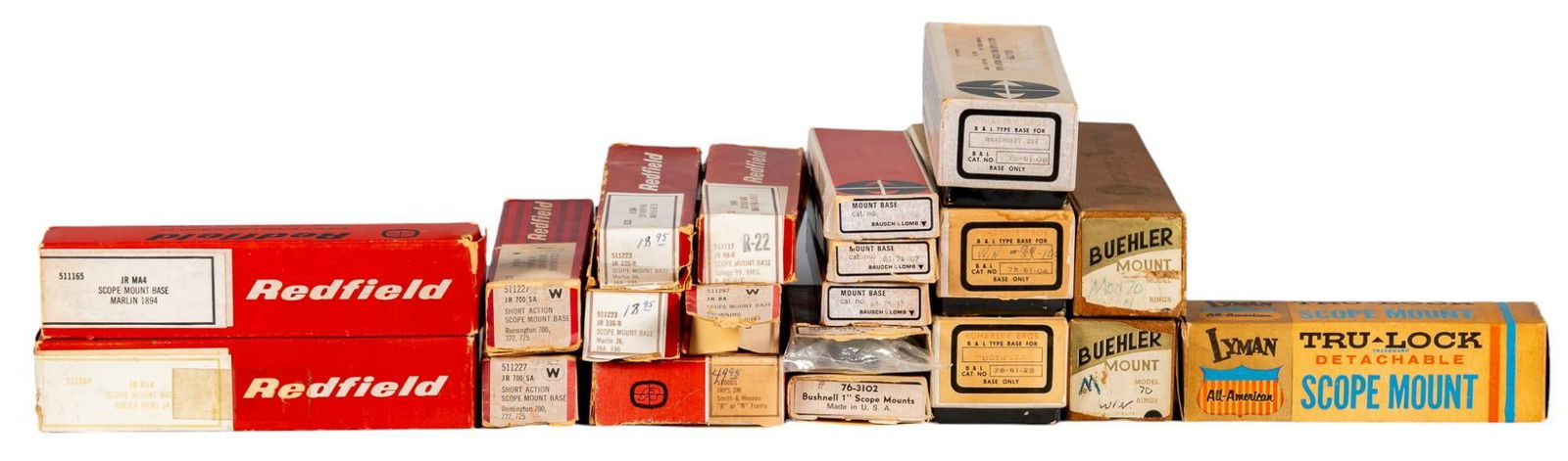 Collection of 20 Vintage Scope Mounts: Includes: 20 vintage scope mounts all in factory boxes -9 x Redfield scope mounts: JR 99-R, JR R14, JR BA, 2 x JR 700 SA, 2 x JR 336-R, JR MA4, JRPS SW -8 x Kuharsky Bros. scope mounts: Win 88-100, We