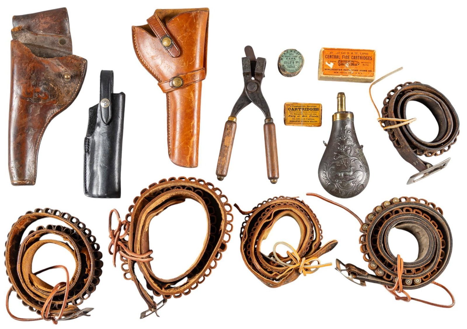 Collection of Mixed Holsters, Belts & Accessories: Includes: -powder flask, .38-55 bulllet mold, America's Powder Co. combustible envelope cartridges for 36-100 caliber, vintage Winchester .32 S&W Long cartridge box, Eley Bros. Colt percussion
