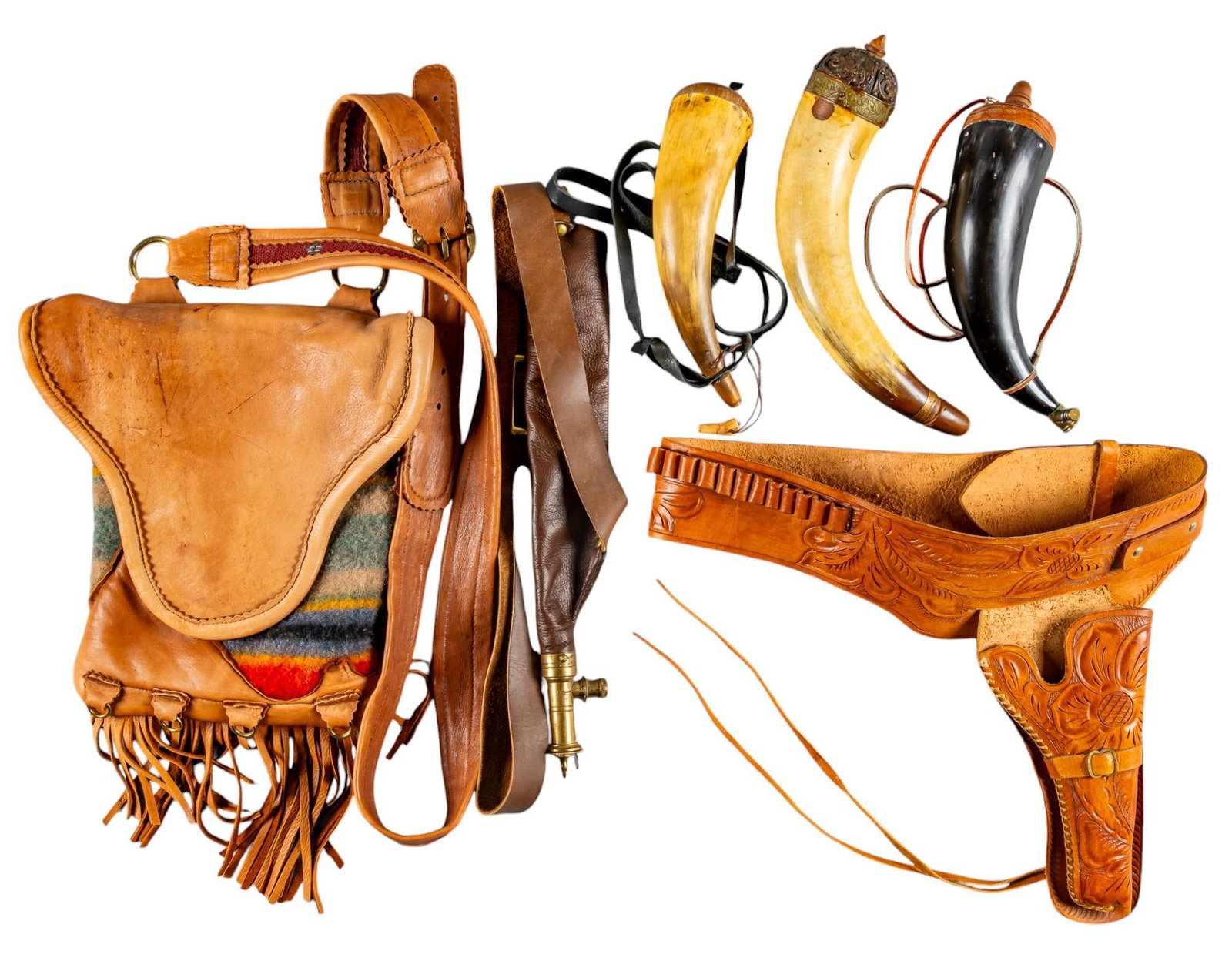 Collection of Black Powder Shooting Accessories: Includes: -3 x powder horns (2 are antique) -embossed leather revolver belt & holster for child (unmarked) -leather shot bag w/ some shot in it -custom Tom Ewing leather & wool black powder sh