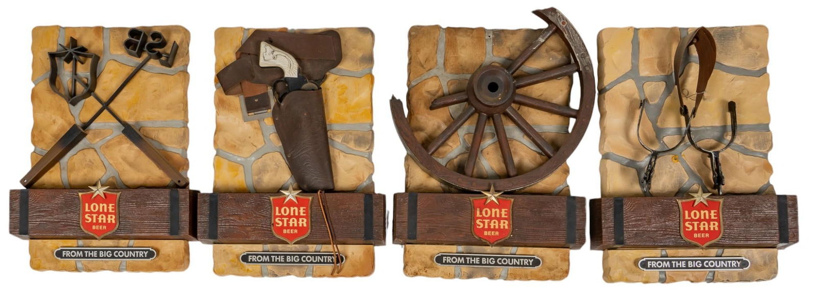 Vintage Set of (4) Lone Star Beer Signs: Vintage set of four plastic Lone Star Beer (Texas) signs featuring gun and holster, pair of spurs, branding irons, and wagon wheel motifs height 19.5 in. x width 15 in. x depth 3.5 in. Provenance: T