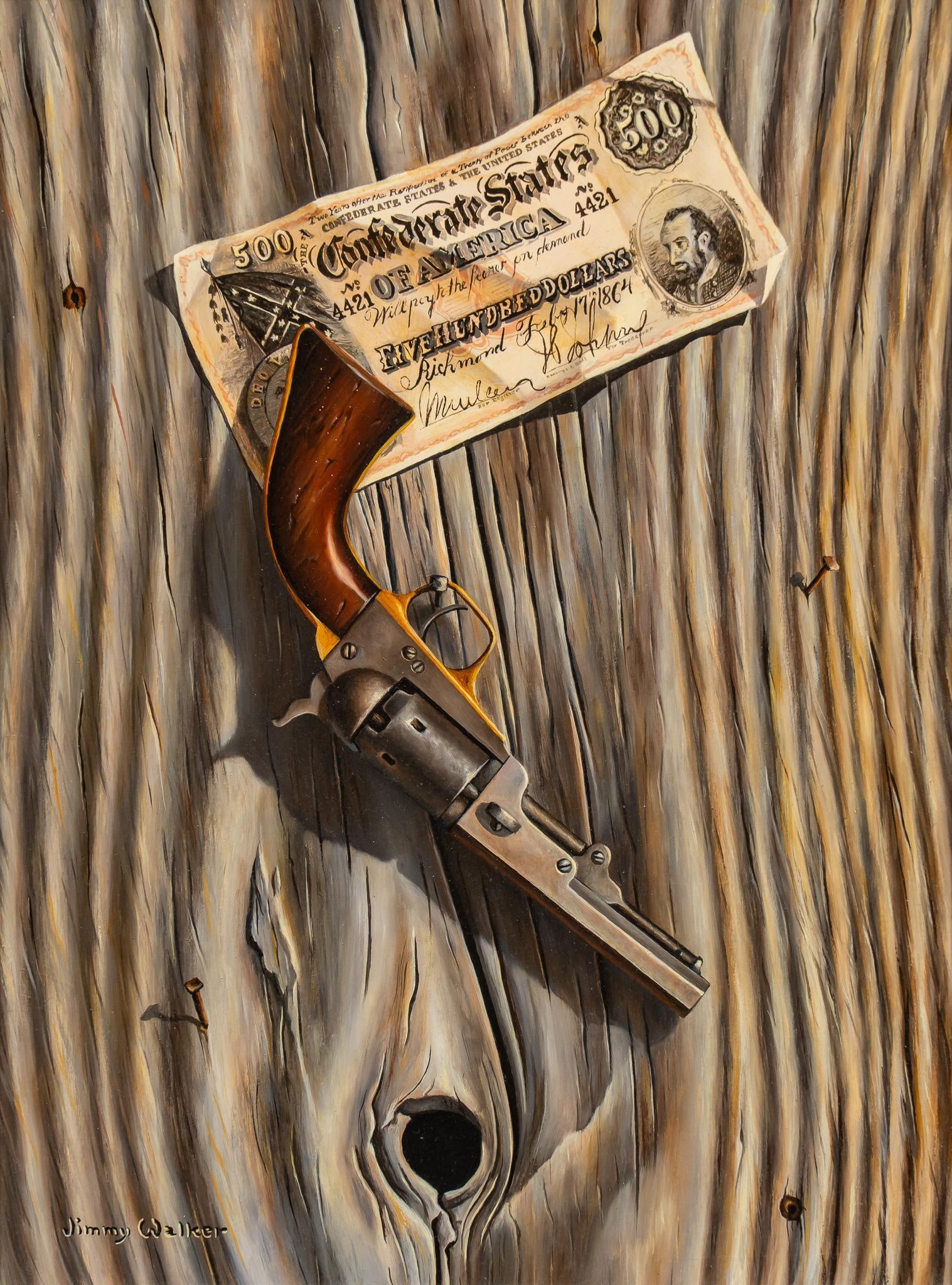 Jimmy Walker, Colt Revolver and Confederate Bill: Jimmy Walker (Texas, 1927-2017), Colt Model 1849 31 Cal. percussion revolver and $500 Confederate bill, Western trompe-l'oeil illusionistic still life, oil on masonite sight: 16 in. x 12 in., fra