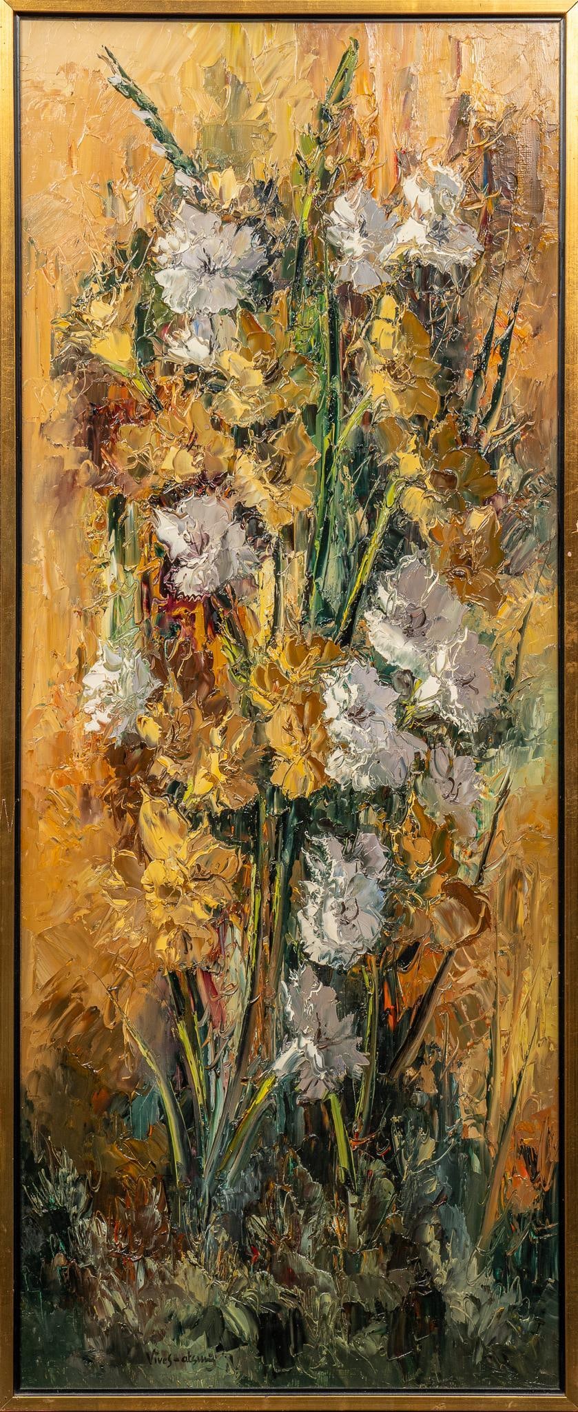 Jose Vives-Atsara, "Gladiolas", 1969: Jose Vives-Atsara (Spain / San Antonio, Texas, 1919-2004), "Gladiolas", 1969, oil on masonite sight: 50 x 20 in., frame: 51 x 21 in. Shipping available for this lot through our partner 4CL;