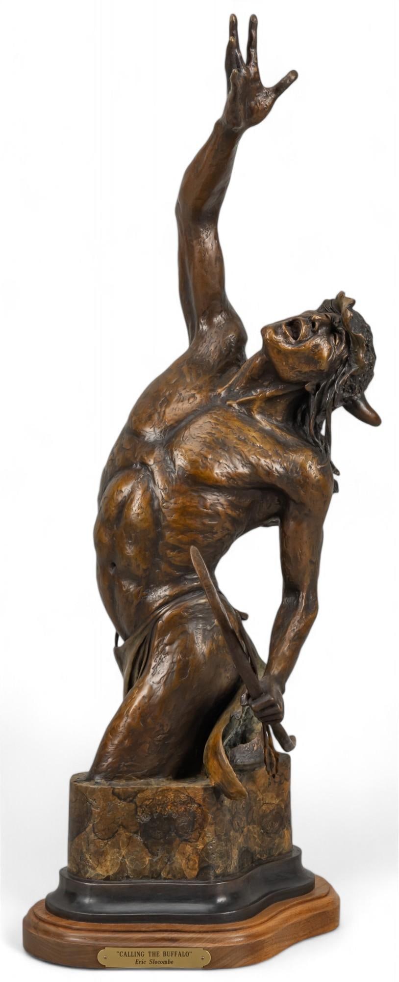Eric Slocombe, "Calling the Buffalo", 2007: Eric Slocombe (Texas / Colorado, b. 1962), "Calling the Buffalo", 2007, artist-cast bronze sculpture on wooden base, ed. 1/35 Provenance: Property from the home of a Fredericksburg, Texas gent