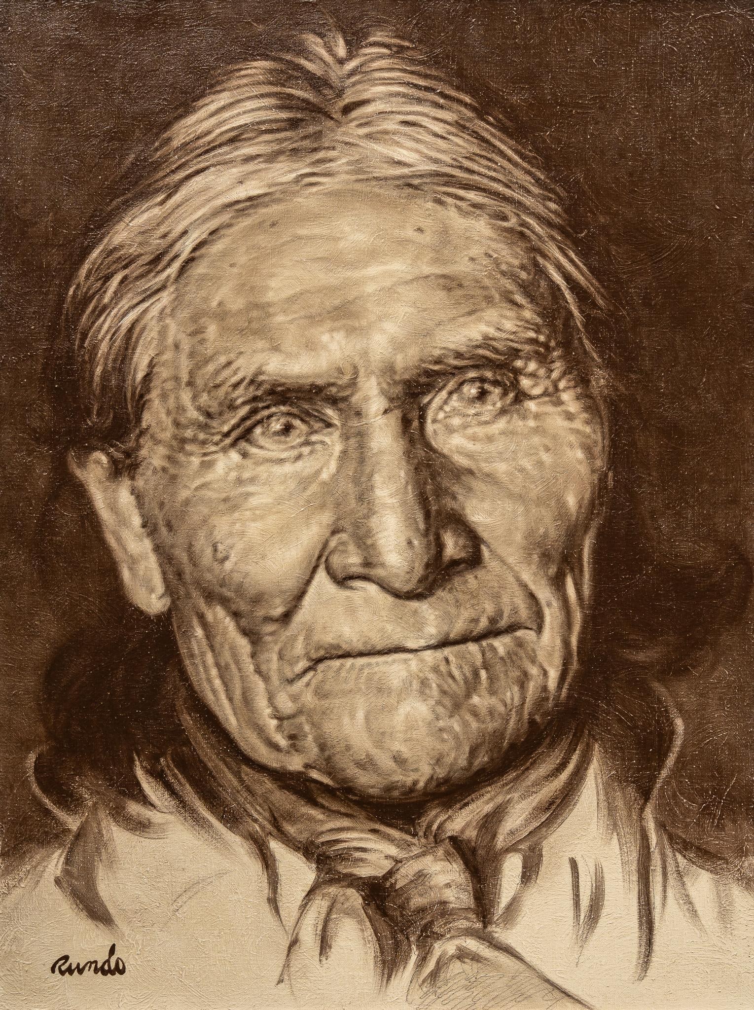 Ron Rundo, Geronimo: Ron Rundo (Amer., 20th-21st C.), portrait of legendary figure Geronimo, oil on canvas sight: 39 x 29 in., frame 42 x 32 in. Provenance: Property from the collection of a Wimberley, Texas gentleman Shi