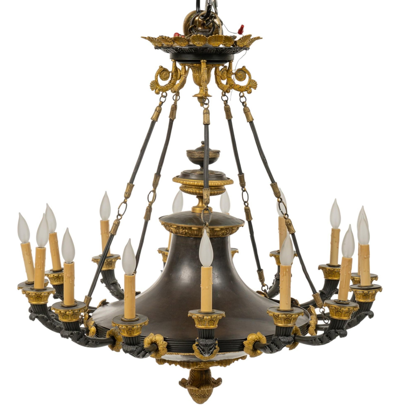 Louis Philippe Style Metal Chandelier: Louis Philippe style metal chandelier, having fifteen arms, with gilt ornamental shell motif at top, featuring supporting gilt bobeches and faux candles, includes hanging hardware height 37 in. x widt