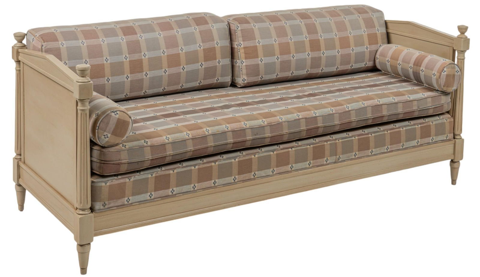 Day Bed: Modern day bed with plaid cushions, and painted wooden frame with fluted details height 33 in. x width 81 in. x depth 31 in. Provenance: Property from the home of a prominent Terrell Hills, Texas bu