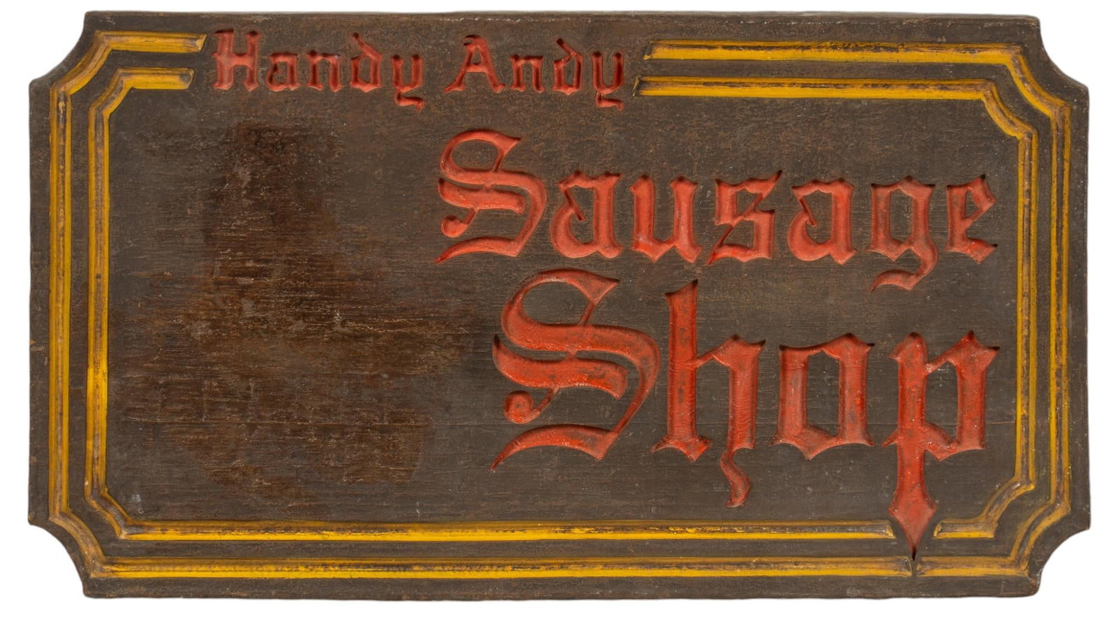 Handy Andy's Sausage Shop Sign: Handy Andy's Sausage Shop sign, painted faux wood, from Handy Andy's grocery store, San Antonio's major grocery store for more than 85 years, with their first location opening on Broadway 