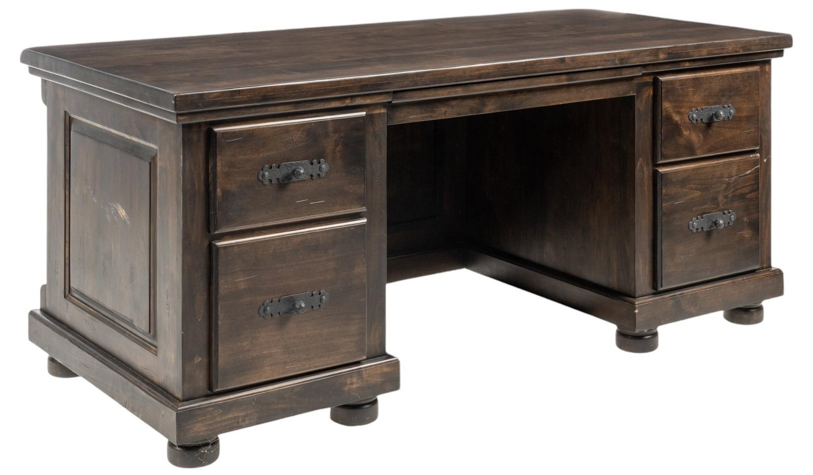Office Desk with Leather Accents: Office desk with leather accents, desk with drawers and metal pulls with leather accents on back height 32 in. x width 74 in. x depth 34 in. Provenance: Property from the collection of a Hunt, Texas f