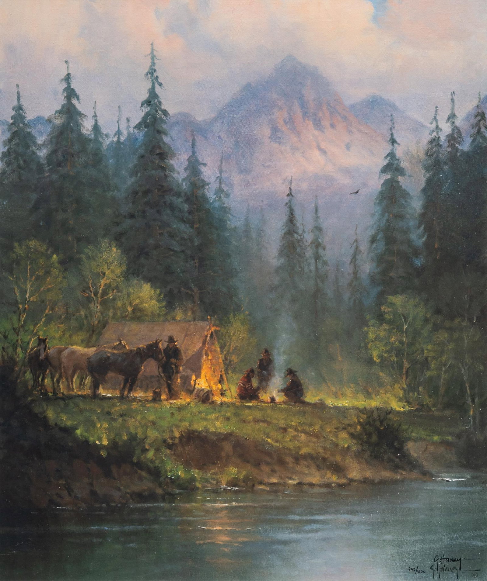 G. Harvey, "Camp in the Tetons" Lithograph: G. (Gerald Harvey Jones) Harvey (Texas, 1933-2017), "Camp in the Tetons", signed and numbered lithograph, ed. 746/1500 sight: 23.5 x 20 in., frame 33 x 29 in. Provenance: Property from the col