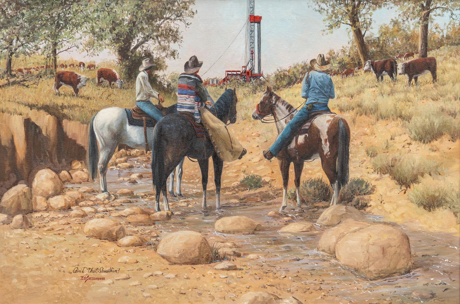 Ed Saccomanno, "Ain't that Somethin'!": Ed Saccomanno (Amer., 20th-21st C.), "Ain't that Somethin'!", oil on canvas sight: 24 in. x 36 in., frame: 31 in. x 43 in. Provenance: Property from the home of a Fredericksburg, Texas