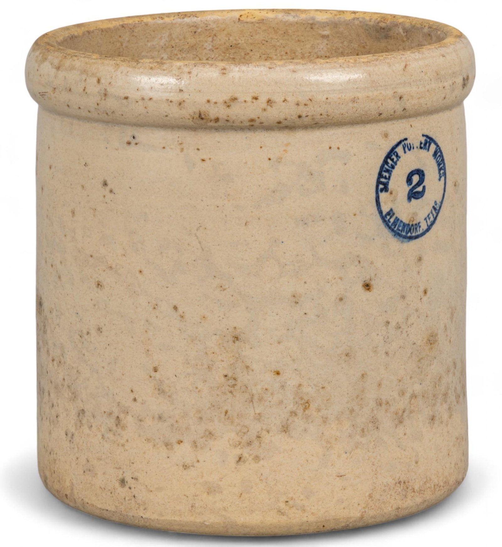 Saenger Texas Pottery Crock: Early Texas stoneware crock, by Saenger Pottery Works (Elmendorf, Texas), with white glaze, marked with cobalt blue stamp height 9.75 in. x width 9.75 in. x depth 9.75 in. Provenance: Property from th