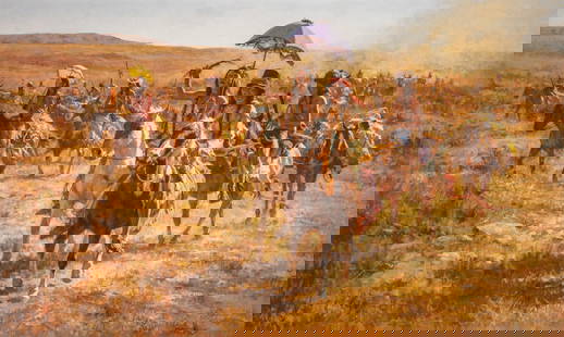 Howard Terpning, "Comanche Spoilers", AP Lithograph: Howard Terpning (Arizona, b. 1927), "Comanche Spoilers", 1986, signed and numbered artist's proof lithograph, ed. 22/35 sight: 19 in. x 32 in., frame: 30.5 in. x 43 in. Provenance: Prope