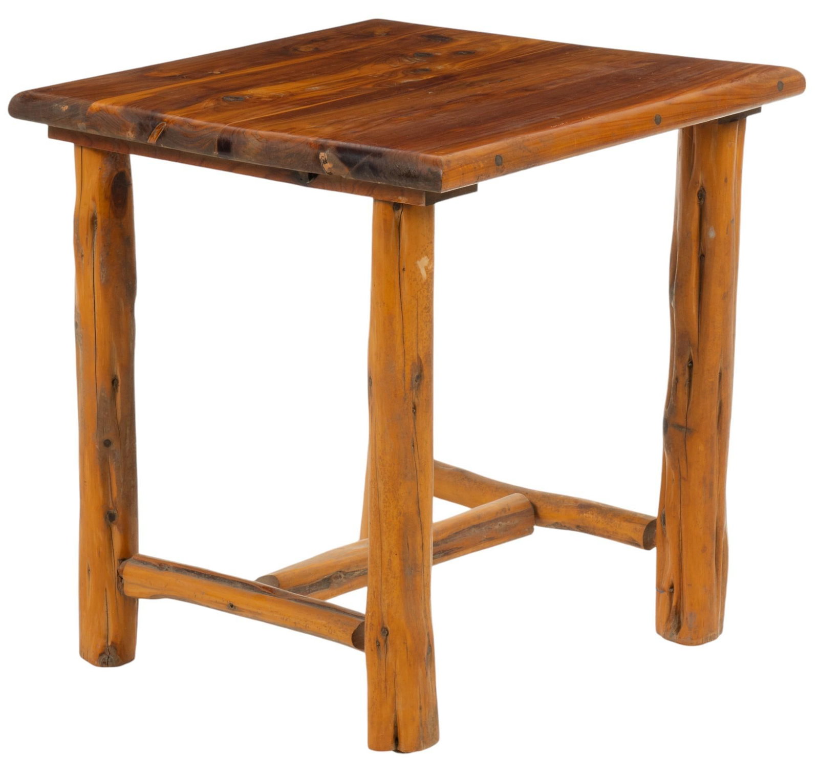 Log Side Table: Log side table supported on stretched legs height 24.5 in. x width 22 in. x depth 22 in. Provenance: Property from the collection of a Bandera, Texas lady Shipping available for this lot through our p