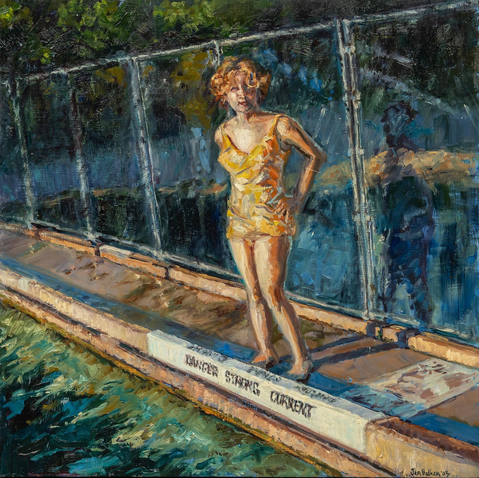 Jen Balkan, Strong Current at Barton Springs, 2003: Jen Balkan (Texas, 20th-21st C.), lady in swimwear at Barton Springs (Austin, Texas), 2003, oil on masonite sight: 24 x 24 in. Shipping available for this lot through our partner 4CL; please request a