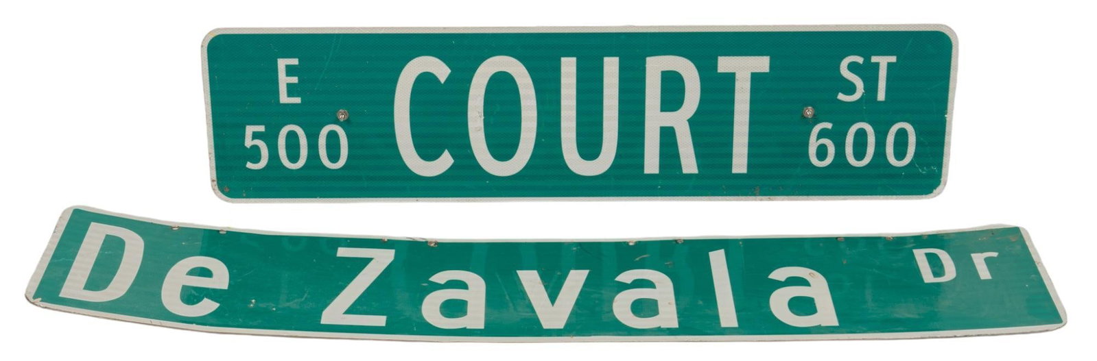 De Zavala and East Court Street Road Signs: Pair of San Antonio, Texas street signs to include De Zavala Dr and East Court Street, both single sided height 12 in. x width 59 in. Provenance: Property from the collection of a San Antonio, Texas g