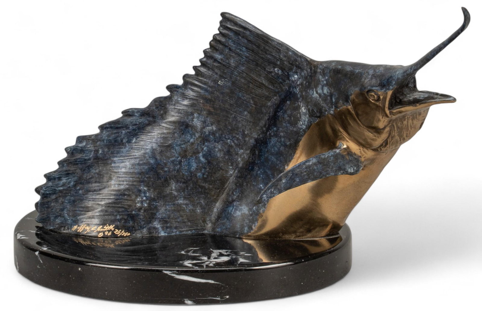 Geoffrey C. Smith, Swordfish Bronze (1996): Geoffrey C. Smith (b. 1945, England), bronze swordfish sculpture, with applied patina, signed and numbered 26/350, dated 1996 height 7 in. x width 10 in. x depth 7.25 in. Provenance: Property from the