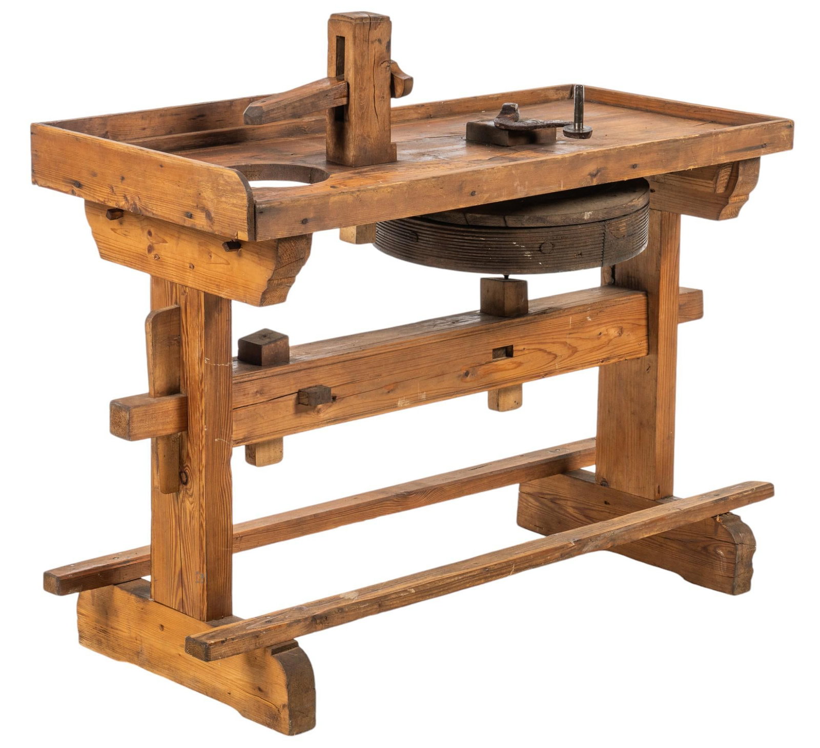 Rustic Work Table: Rustic work table with iron handled spinning mechanishm, and carved circular opening height 37 in. x width 42 in. x depth 20 in. Shipping available for this lot through our partner 4CL; please request