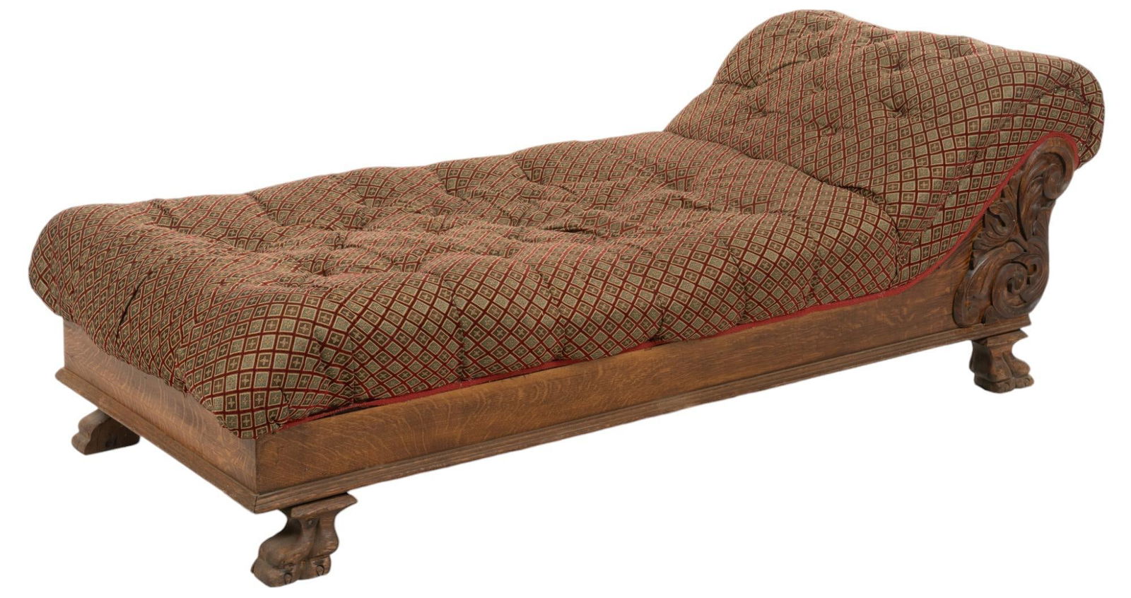 Upholstery Chaise Lounge: Chaise lounge with red and brown patterned upholstery with nailhead trim, supported on carved wooden frame with claw feet height 28 in. x width 78 in. x depth 32 in. Provenance: Property from the co
