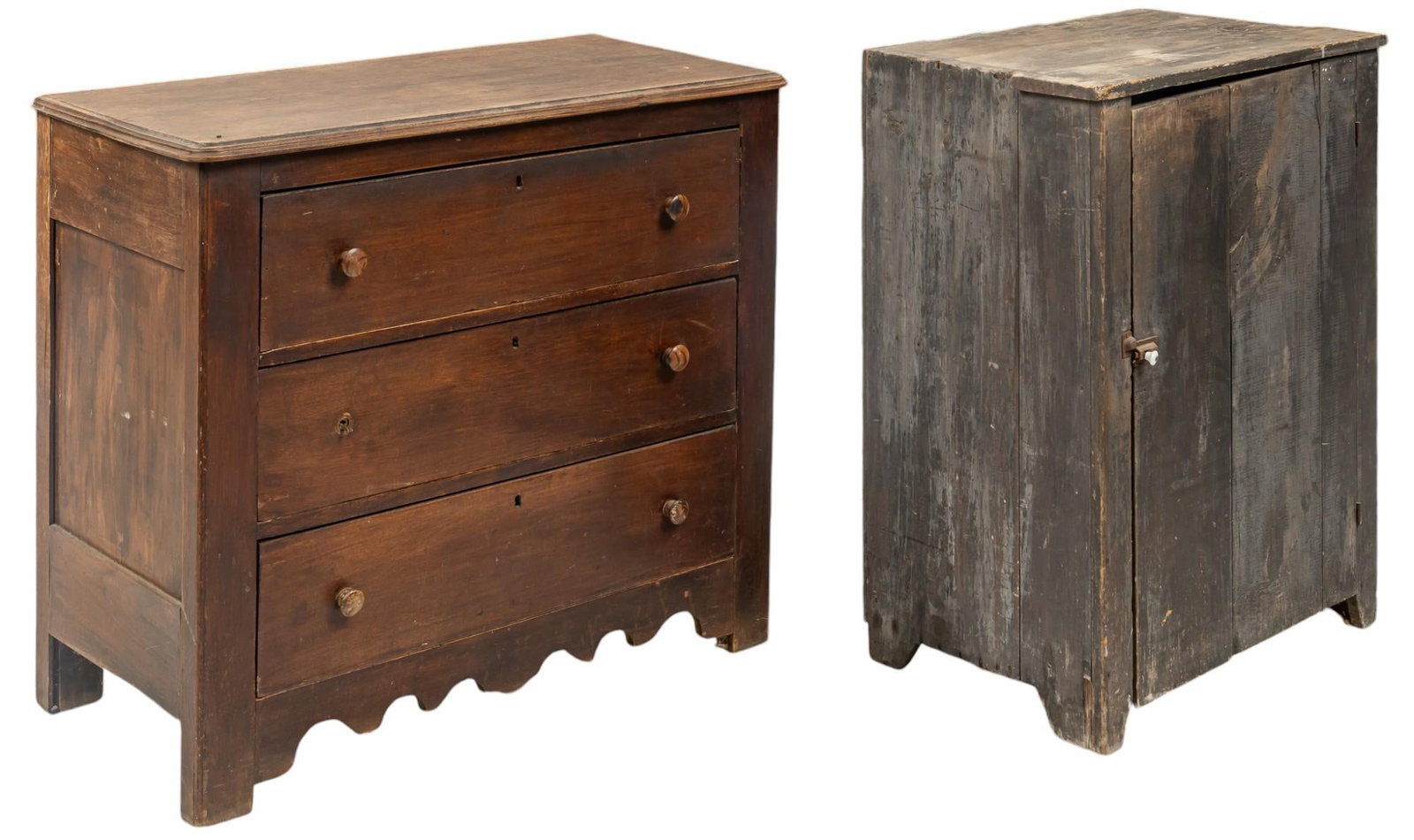 Wooden Dresser and Cabinet: Brown wooden dresser with three drawers with carved skirt, and rustic wooden cabinet with hinged door opening to interior storage with three shelves height 39 in. x width 29 in. x depth 18 in. Conditi