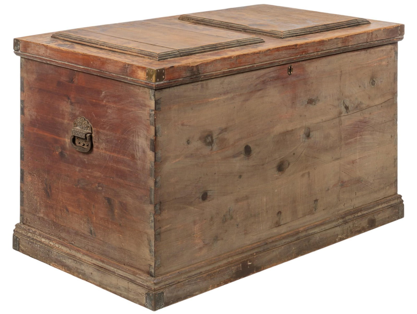 Wooden Chest: Wooden chest with double hinged lid opening to interior storage, with brass handles and hardware height 28 in. x width 48 in. x depth 28 in. Provenance: Property from the home of a Fredericksburg, Tex