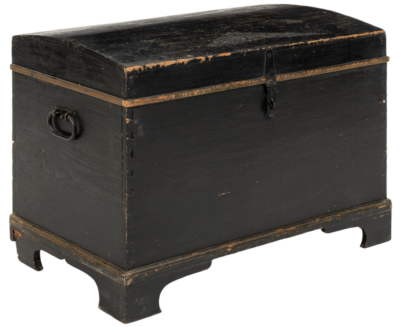 Black Wooden Chest: Wooden chest painted black, with hinged lid, with iron handles and hardware, on lifted carved base height 27 in. x width 40 in. x depth 23 in. Shipping available for this lot through our partner 4CL; 