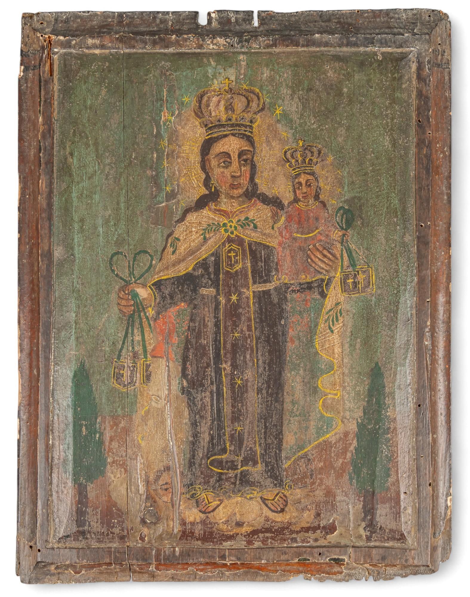 Mexican Retablo, La Virgen Del Carmen: Mexican retablo, depicting La Virgin Del Carmen (Our Lady of Mount Carmel), oil on wood, framed height 12.75 in. x width 10 in. Provenance: Property from the collection of a San Antonio, Texas gentlem
