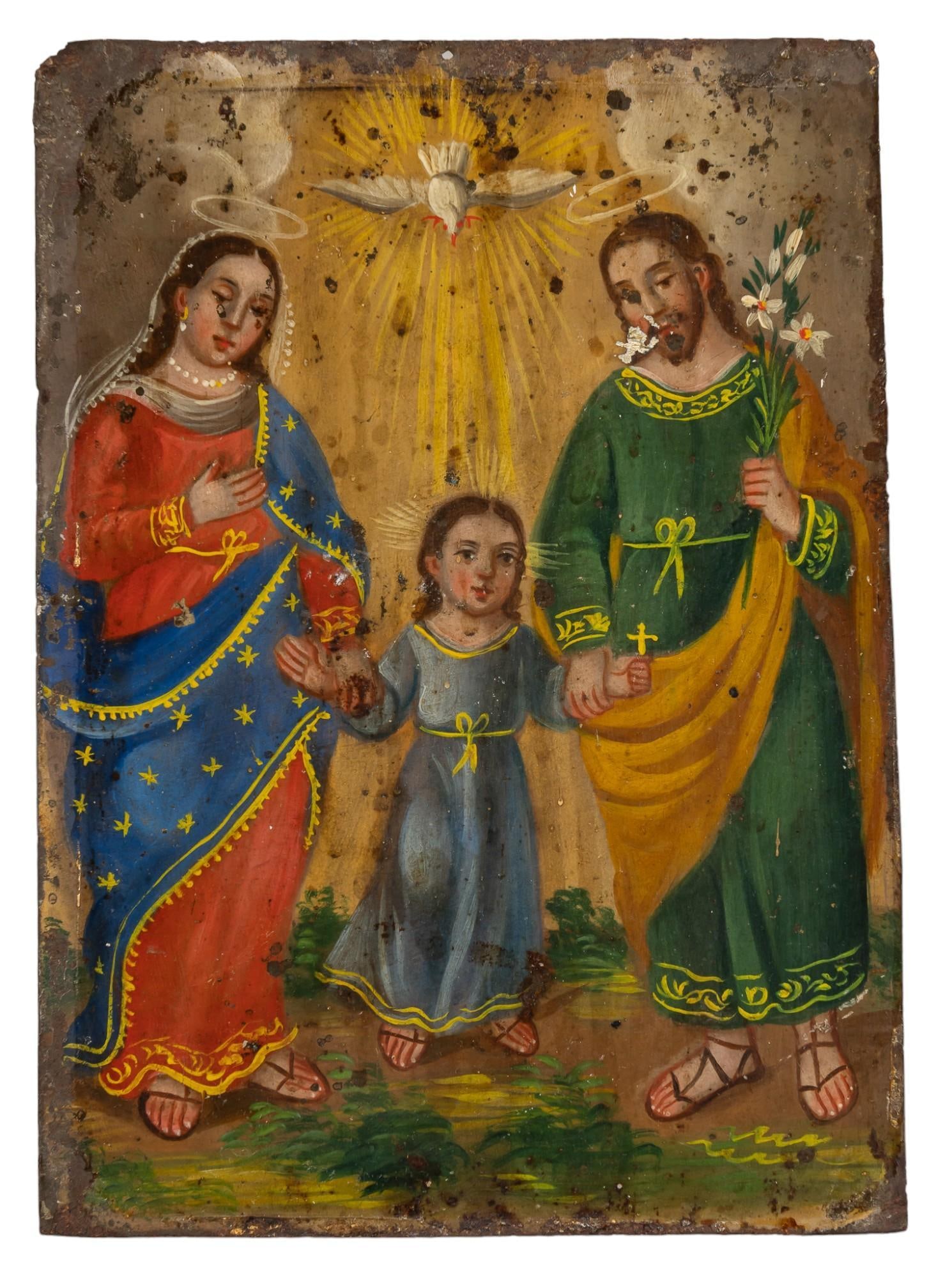 19th C. Mexican Retablo, La Sagrada Familia: Mexican retablo, depicting La Sagrada Familia (The Holy Family), oil on tin, circa 19th century height 7 in. x width 65 in. Provenance: Property from the collection of a San Antonio, Texas gentleman