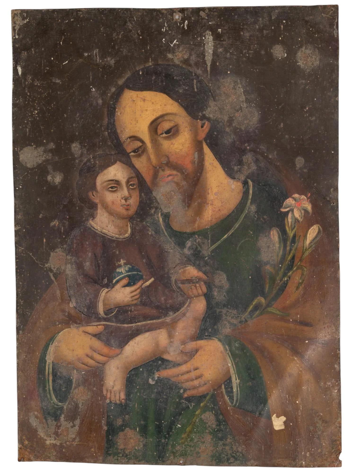 19th C. Mexican Retablo, San Jose Y El Nino (1 of 4)