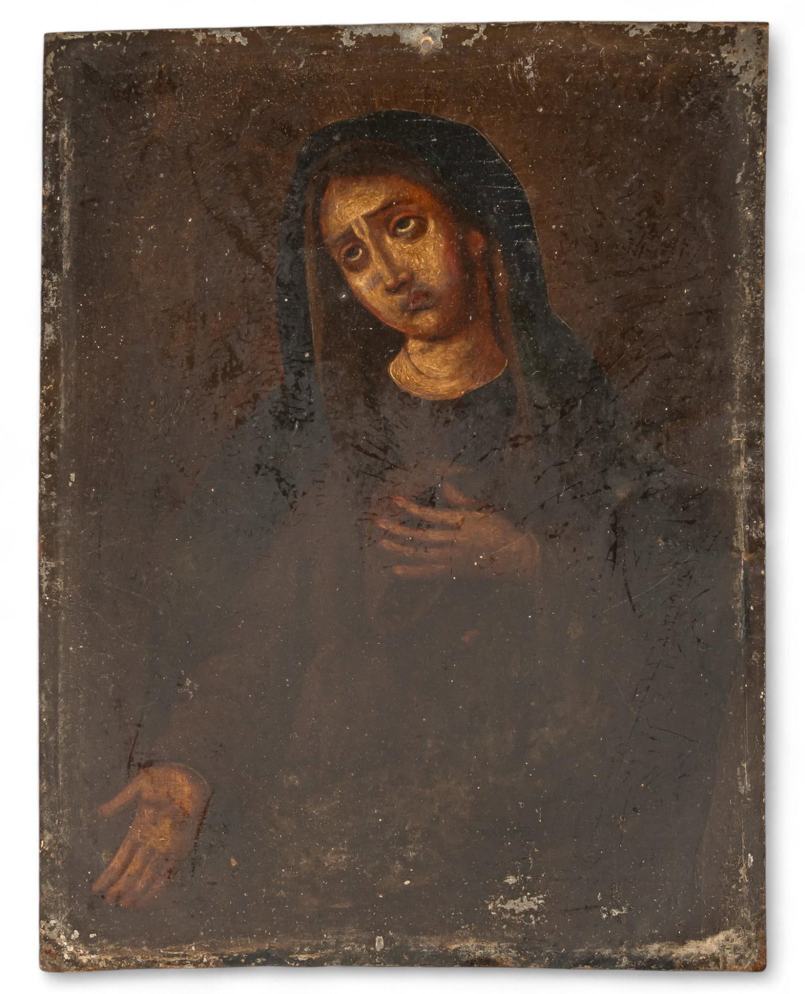 Mexican Retablo, Nuestra Senora de Los Dolores: Mexican retablo, depicting Nuestra Senora de Los Dolores (Our Lady of Sorrows), oil on tin height 13.25 in. x width 10.25 in. Provenance: Property from the collection of a San Antonio, Texas gentleman